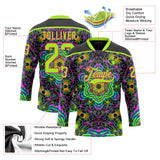 Custom Black Neon Green-Hot Pink 3D Pattern Trippy Psychedelic Geometric Hockey Lace Neck Jersey