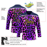 Custom Purple Navy Pink-Gold 3D Pattern Leopard Print Neon Hockey Lace Neck Jersey