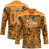 Custom Bay Orange Black-White 3D Pattern Snake Skin Print Hockey Lace Neck Jersey
