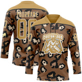Custom Brown Old Gold Black-White 3D Pattern Leopard Print Hockey Lace Neck Jersey