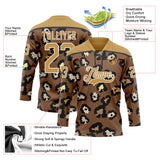 Custom Brown Old Gold Black-White 3D Pattern Leopard Print Hockey Lace Neck Jersey