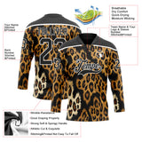Custom Black Brown Cream-White 3D Pattern Leopard Print Hockey Lace Neck Jersey