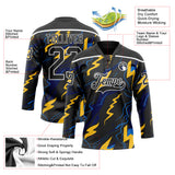Custom Black Yellow Blue-White 3D Pattern Lightning Hockey Lace Neck Jersey