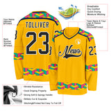 Custom Gold Black Navy Aqua Pink-White 3D Pattern Plaid Hockey Jersey