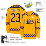 Custom Gold Brown Purple Navy-White 3D Pattern Plaid Hockey Jersey