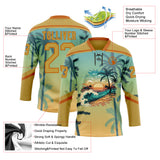 Custom Old Gold Blue-Texas Orange 3D Pattern Gradient Hawaii Tropical Palm Trees Hockey Lace Neck Jersey