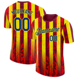 Custom Red Royal-Light Yellow Spain Splash Stripe Performance T-Shirt