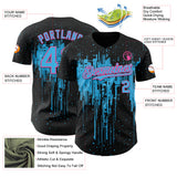 Custom Black Sky Blue-Pink 3D Pattern Design Dripping Splatter Paint Authentic Baseball Jersey