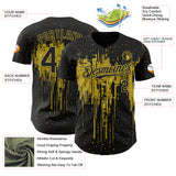 Custom Black Old Gold 3D Pattern Design Dripping Splatter Paint Authentic Baseball Jersey