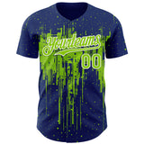 Custom Royal Neon Green-White 3D Pattern Design Dripping Splatter Paint Authentic Baseball Jersey