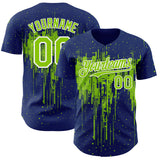 Custom Royal Neon Green-White 3D Pattern Design Dripping Splatter Paint Authentic Baseball Jersey