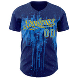 Custom Royal Powder Blue-Yellow 3D Pattern Design Dripping Splatter Paint Authentic Baseball Jersey