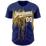 Custom Royal White-Old Gold 3D Pattern Design Dripping Splatter Paint Authentic Baseball Jersey
