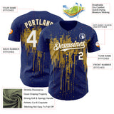 Custom Royal White-Old Gold 3D Pattern Design Dripping Splatter Paint Authentic Baseball Jersey
