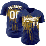 Custom Royal White-Old Gold 3D Pattern Design Dripping Splatter Paint Authentic Baseball Jersey