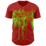 Custom Red Neon Green 3D Pattern Design Dripping Splatter Paint Authentic Baseball Jersey