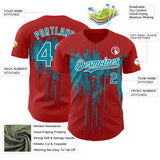 Custom Red Teal-White 3D Pattern Design Dripping Splatter Paint Authentic Baseball Jersey