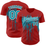 Custom Red Teal-White 3D Pattern Design Dripping Splatter Paint Authentic Baseball Jersey