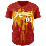 Custom Red White-Gold 3D Pattern Design Dripping Splatter Paint Authentic Baseball Jersey