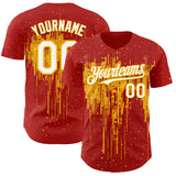 Custom Red White-Gold 3D Pattern Design Dripping Splatter Paint Authentic Baseball Jersey