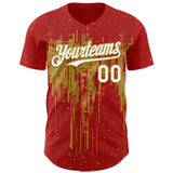 Custom Red White-Old Gold 3D Pattern Design Dripping Splatter Paint Authentic Baseball Jersey
