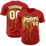 Custom Red White-Old Gold 3D Pattern Design Dripping Splatter Paint Authentic Baseball Jersey