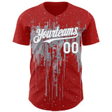 Custom Red White-Gray 3D Pattern Design Dripping Splatter Paint Authentic Baseball Jersey