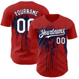 Custom Red White-Navy 3D Pattern Design Dripping Splatter Paint Authentic Baseball Jersey