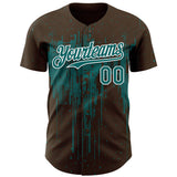 Custom Brown Teal-White 3D Pattern Design Dripping Splatter Paint Authentic Baseball Jersey