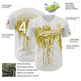 Custom White Old Gold 3D Pattern Design Dripping Splatter Paint Authentic Baseball Jersey