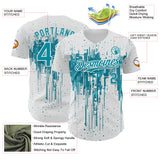 Custom White Teal-White 3D Pattern Design Dripping Splatter Paint Authentic Baseball Jersey