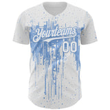 Custom White Light Blue 3D Pattern Design Dripping Splatter Paint Authentic Baseball Jersey