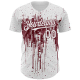 Custom White Burgundy 3D Pattern Design Dripping Splatter Paint Authentic Baseball Jersey