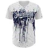 Custom White Navy 3D Pattern Design Dripping Splatter Paint Authentic Baseball Jersey