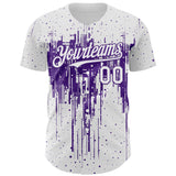 Custom White Purple 3D Pattern Design Dripping Splatter Paint Authentic Baseball Jersey