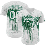 Custom White Kelly Green 3D Pattern Design Dripping Splatter Paint Authentic Baseball Jersey