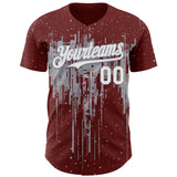 Custom Burgundy White-Gray 3D Pattern Design Dripping Splatter Paint Authentic Baseball Jersey