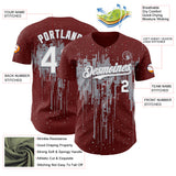 Custom Burgundy White-Gray 3D Pattern Design Dripping Splatter Paint Authentic Baseball Jersey