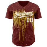Custom Burgundy White-Old Gold 3D Pattern Design Dripping Splatter Paint Authentic Baseball Jersey