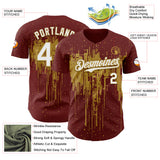 Custom Burgundy White-Old Gold 3D Pattern Design Dripping Splatter Paint Authentic Baseball Jersey