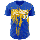 Custom Thunder Blue White-Yellow 3D Pattern Design Dripping Splatter Paint Authentic Baseball Jersey