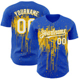 Custom Thunder Blue White-Yellow 3D Pattern Design Dripping Splatter Paint Authentic Baseball Jersey