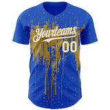 Custom Thunder Blue White-Old Gold 3D Pattern Design Dripping Splatter Paint Authentic Baseball Jersey