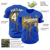 Custom Thunder Blue White-Old Gold 3D Pattern Design Dripping Splatter Paint Authentic Baseball Jersey