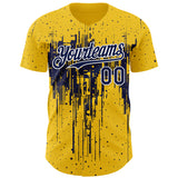 Custom Yellow Navy-White 3D Pattern Design Dripping Splatter Paint Authentic Baseball Jersey