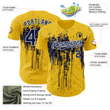 Custom Yellow Navy-White 3D Pattern Design Dripping Splatter Paint Authentic Baseball Jersey