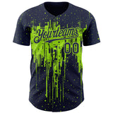 Custom Navy Neon Green 3D Pattern Design Dripping Splatter Paint Authentic Baseball Jersey
