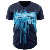 Custom Navy Sky Blue-White 3D Pattern Design Dripping Splatter Paint Authentic Baseball Jersey