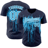 Custom Navy Sky Blue-White 3D Pattern Design Dripping Splatter Paint Authentic Baseball Jersey