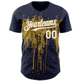 Custom Navy White-Old Gold 3D Pattern Design Dripping Splatter Paint Authentic Baseball Jersey